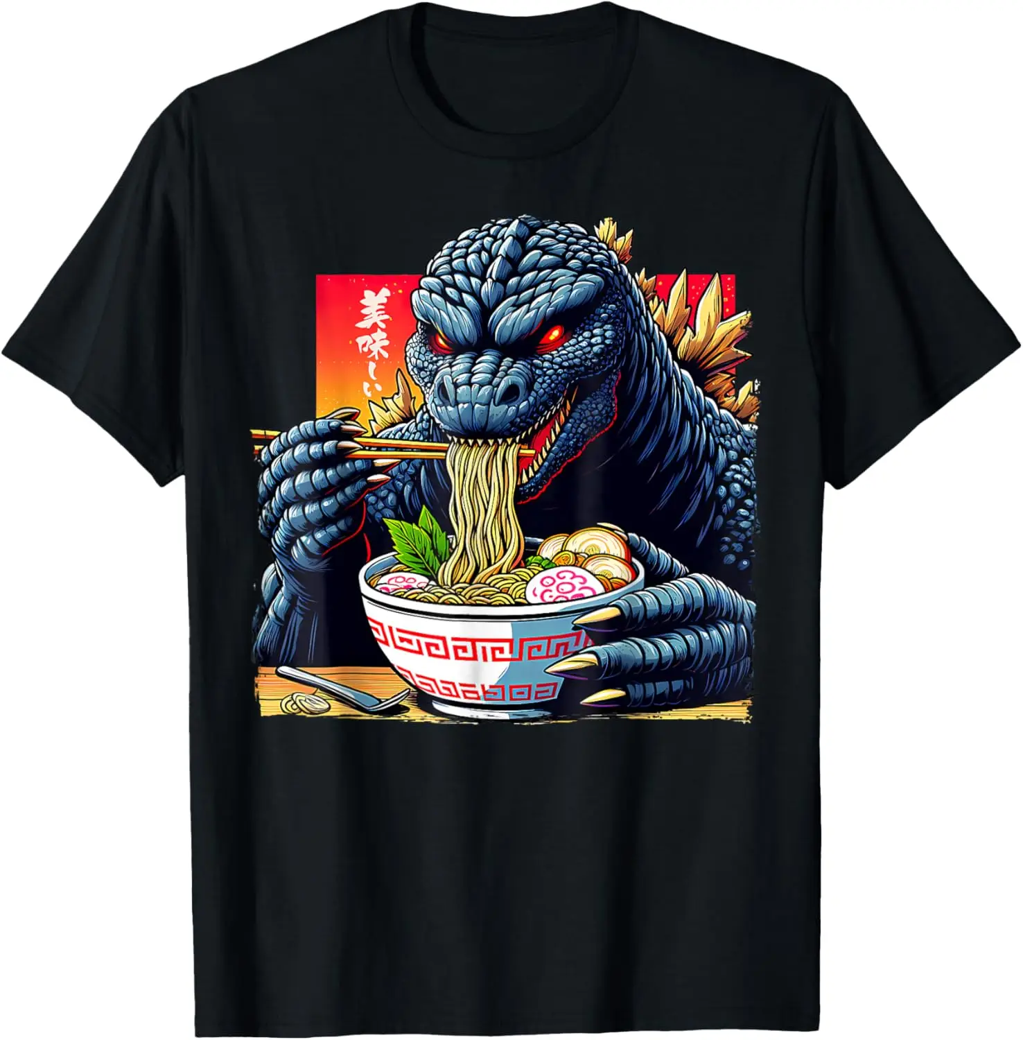 Funny Kaiju Eating Ramen Japanese Monster Lover Birthday T-Shirt S-6XL