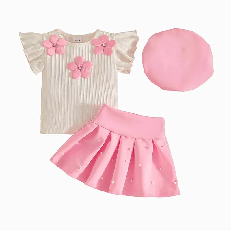 Abbigliamento per Bambine 1-3 Anni, Set Estivo alla Moda con Top a Maniche Svasate, Gonna e Cappello, Completo 3 Pezzi per Bambina
