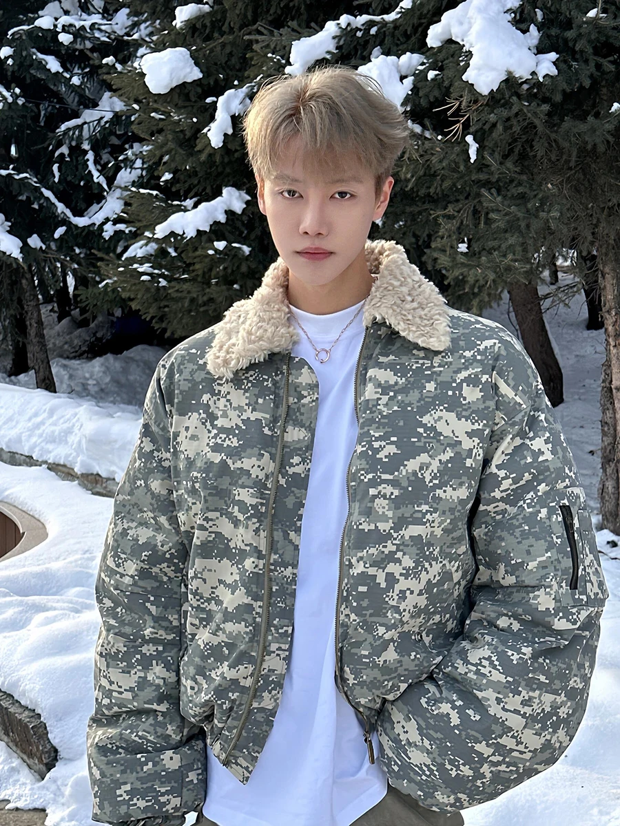 

Lamb Fur Collar Camouflage Cotton Jaet Men's Winter Thi Warm American Bomber ort Sle Cotton Coat Youth Casual Wear