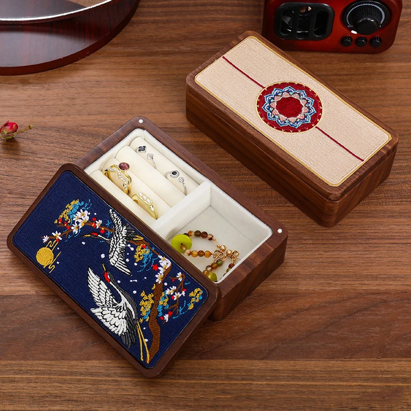 HeMu Magnetic Closure Embroidered Wooden Jewelry Box, Portable Mini Organizer for Rings, Earrings, Necklaces and Bracelets