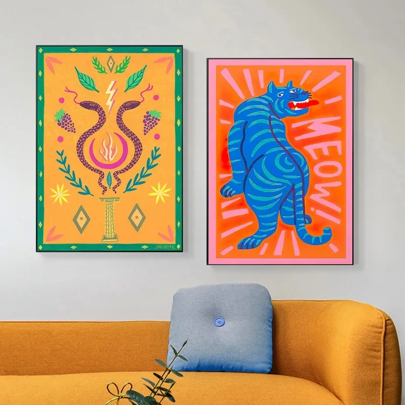 (No frame)Colorful Tiger Leopard Snake Tropical Jungle Poster Prints Canvas Painting Abstract Wall Art Pictures Living Room H