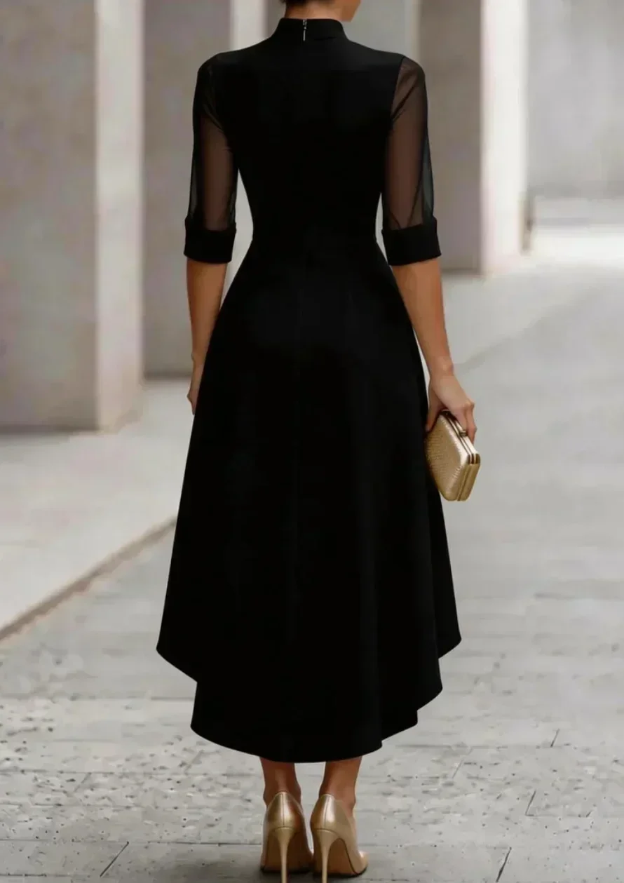 Damenkleid mit hohem Kragen, Midi-Länge, transparentem Netzstoff, 3/4-Ärmeln, asymmetrischem Saum, A-Linie, elegantes Partykleid für formelle Anlässe. – Detail 10