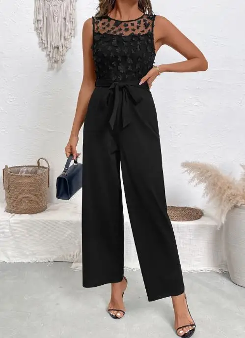 Summer Hot Selling Lace Patchwork Round Neck Sleeveless High Waisted Lace Up Straight Leg Jumpsuit Pants for Women
