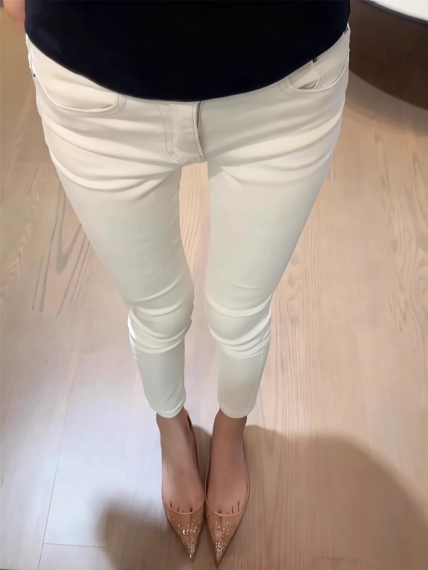 

White Fleece Lined Pencil Skinny Jeans Women's High Waist Slimming Long Nine Point Pants Autumn Winter Casual Cotton Jeans
