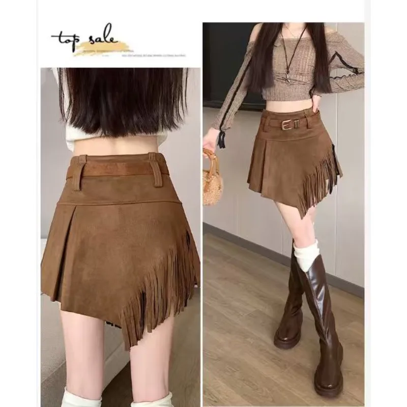 

Literary Retro Large-size Fringed Large-size Skirt Women's Irregular High-waisted A-word Skirt Design Sense Suede Skirt Vintage