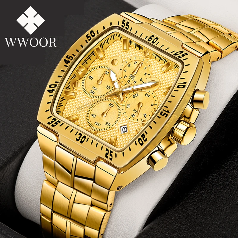 WWOOR Fashion Men Watch Military Luxury Watches For Men Quartz Clock Waterproof Chronograph Wristwatches Gold Relogio Masculino