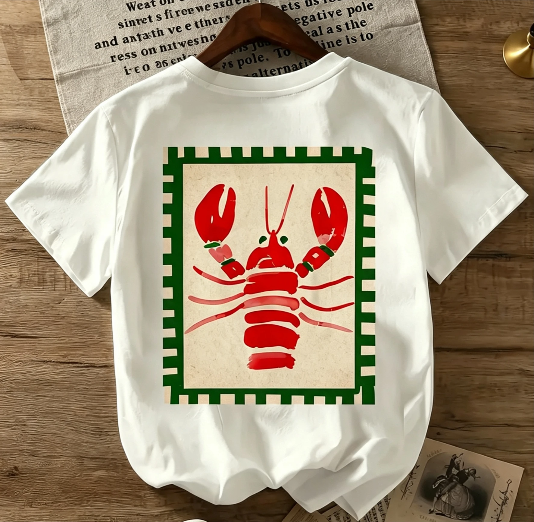 Women Short Sleeve T‑shirt Retro Lobster Art Graphic Daily Wear Streetwear Soft Breathable Cotton Casual Tops Women Clothing