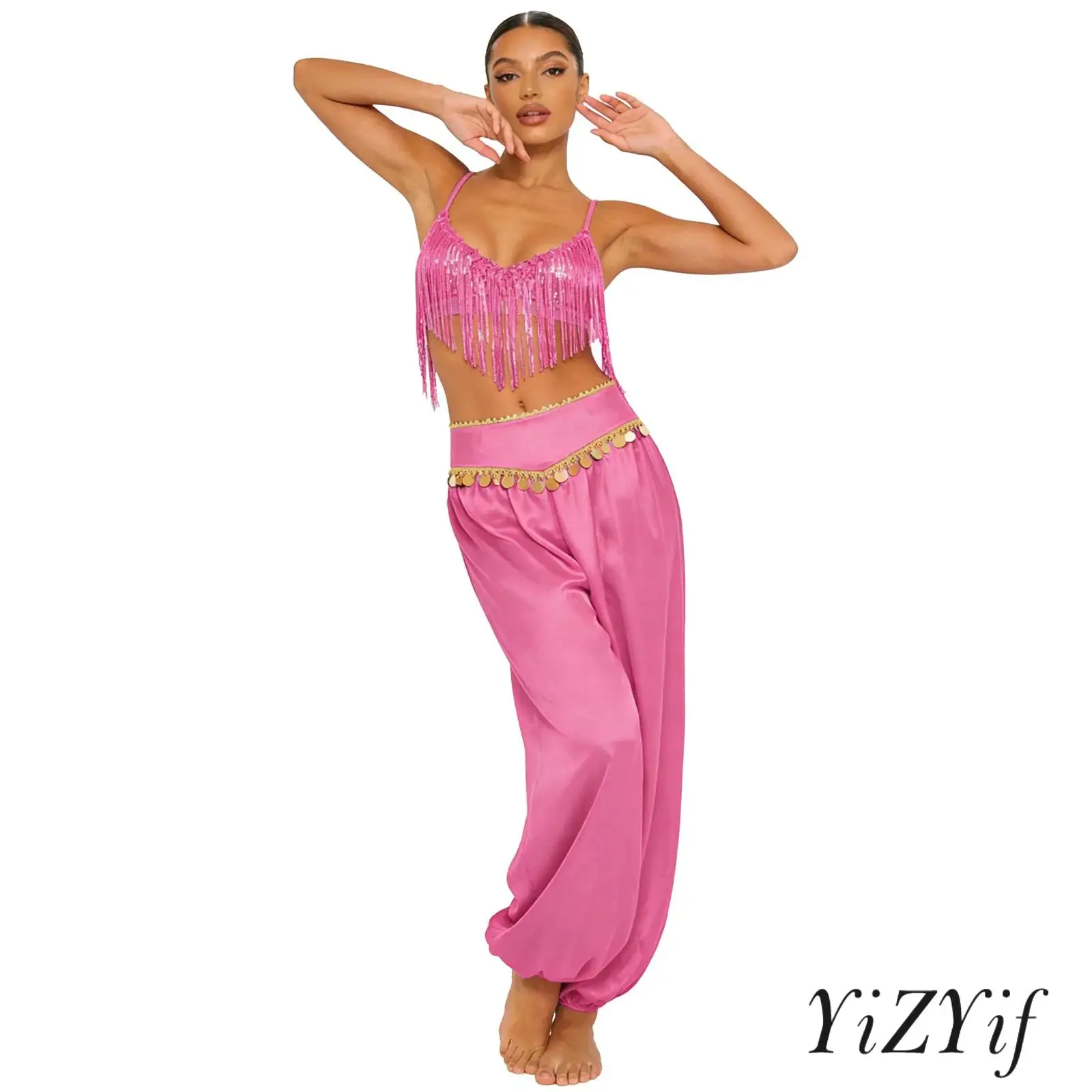 

Костюм для танцев на Хэллоуин для женщин: топ-бюстгальтер с пайетками и бахромой, а также блестящие брюки-шаровары с бахромой для лирического и восточного танца.