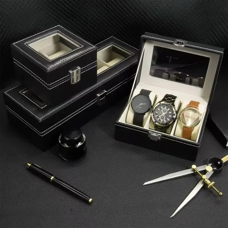 PU Leather Display Organizer with Glass Lid, Multi-Compartment Storage Box for Watches and Jewelry, 2-12 Slots for Men