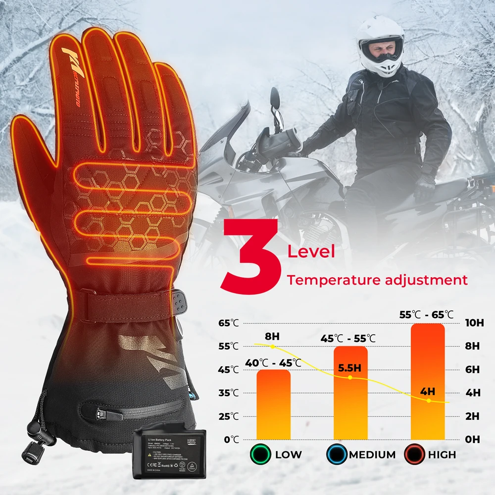 KEMIMOTO  Winter Rechargeable Battery Heated Gloves Full Fingers Heating Winter warm Ski Gloves Men Women Waterproof Tactical Mi