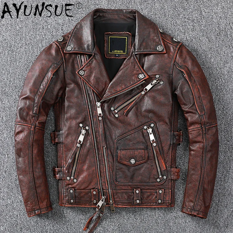 2021 Genuine Leather Jacket Men Vintage Shor Motorcycle Mens Coat Cowhide Coats and Jackets Chaqueta Spring Cuero Hombre WPY3734