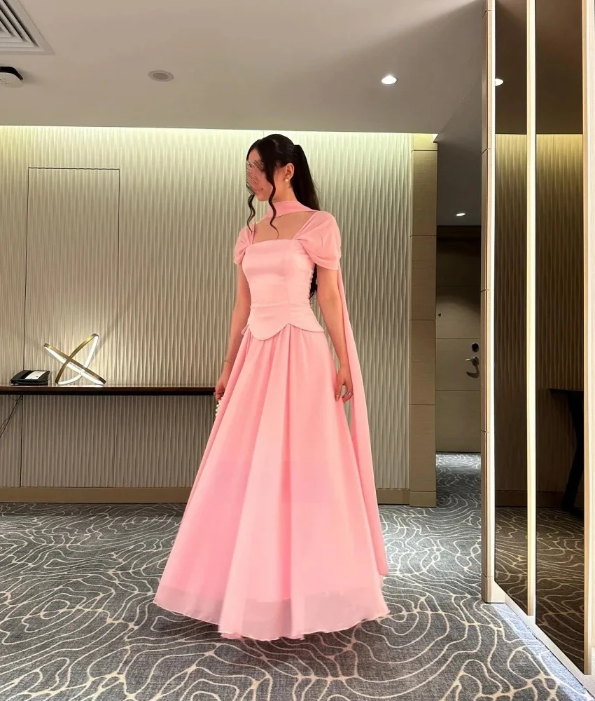 맞춤형 우아한 쉬폰 A라인 리본 이브닝 드레스 고품질 스퀘어 넥 짧은 소매 바닥 길이 연예인 가운
