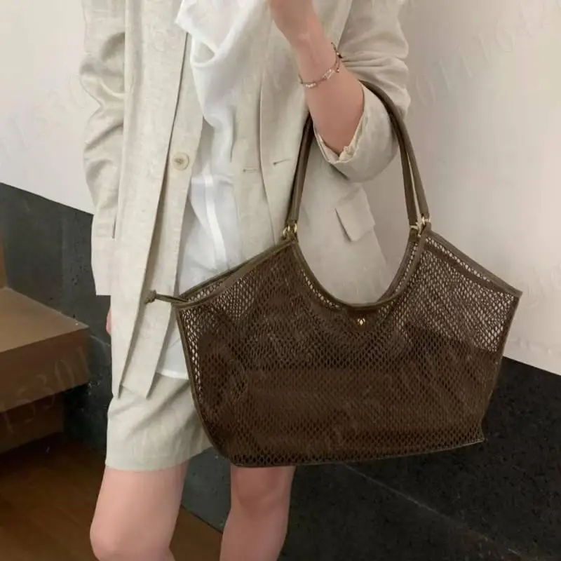 

Beach Mesh Shoulder Bags Travel Net Tote Handbag Hollow Out Storage Large Capacity Top-Handle Bags Leisure Vacation Basket Bag