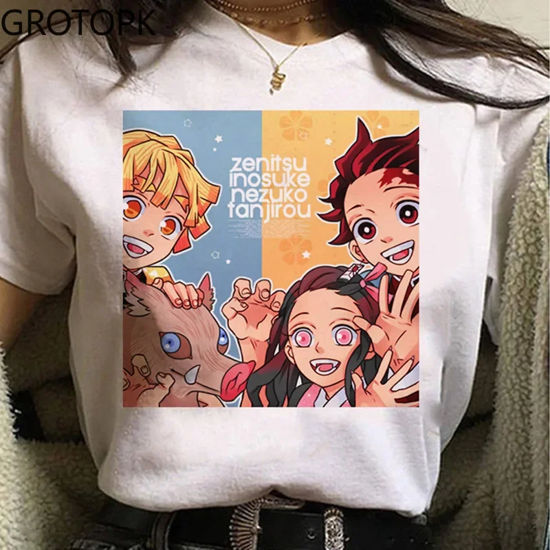 3D Printing Japanese Anime Demon Slayer Lady Short Sleeved Cute Cartoon Printing T-Shirt Anime Harajuku Pattern Womens T-shirt