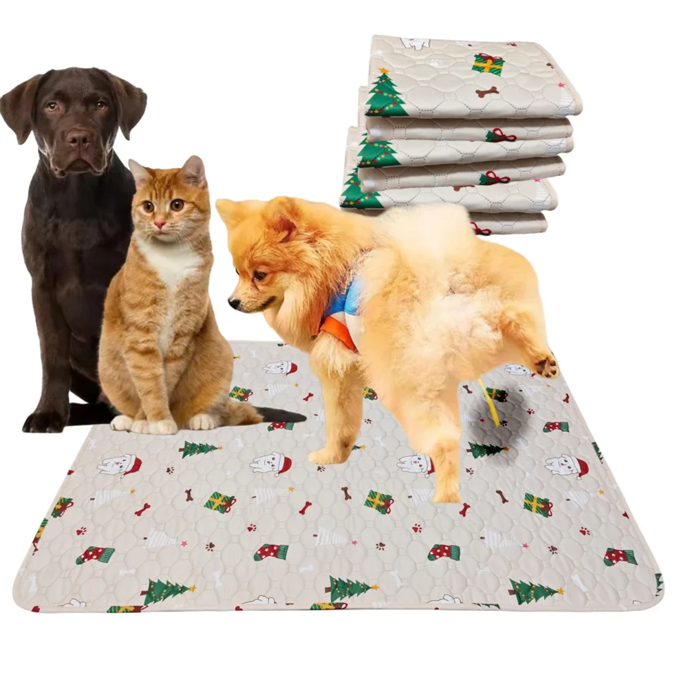 Cute Cartoon Christmas Tree Snowman Print Reusable Dog Pee Pads Absorbent Diaper Washable Puppy Training Pad Pet Bed Urine Mats