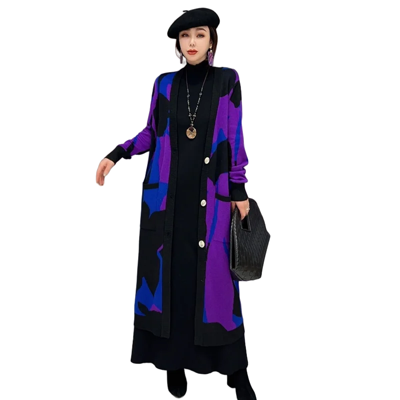 Vefadisa 2024 Autumn V-neck Cardigan Knitting Coat Loose Mid-length Printing Single Breasting Sweater Coat Women Purple LHX3415