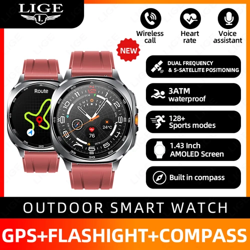 Imagen 1 del producto Reloj inteligente LIGE GPS Premium con Bluetooth militar, llamadas, deportes al aire libre, resistente al agua 3ATM, pantalla AMOLED de 1,43 pulgadas, nuevo reloj inteligente para hombres