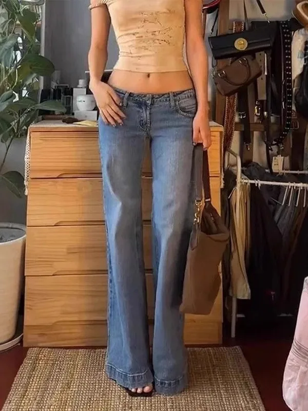 

Low Waist American Style Sexy Girl Denim Jeans Women's Y2K Casual Straight Leg Floor-Length Pants Ins Blue Breathable Elastic
