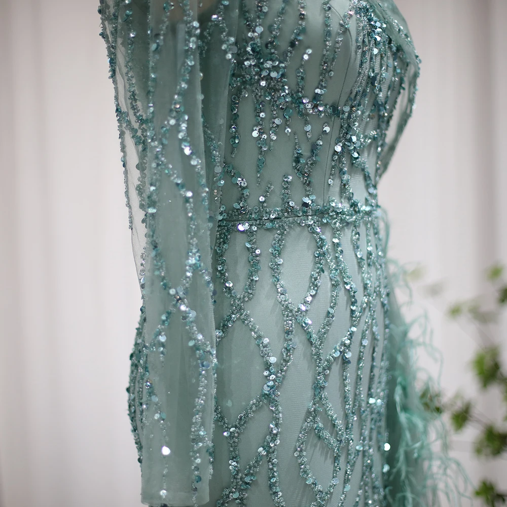 Sharon Said-vestidos de noche de color verde salvia con plumas, sobrefalda rosa, vestido de fiesta de un hombro para mujer, fiesta de boda SS046, personalizado