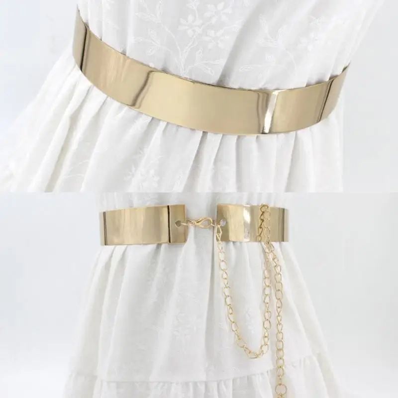 

31BB Регулируемый деловой пояс Женский металлический пояс с застежкой Блестящий полированный пояс Золотой пояс