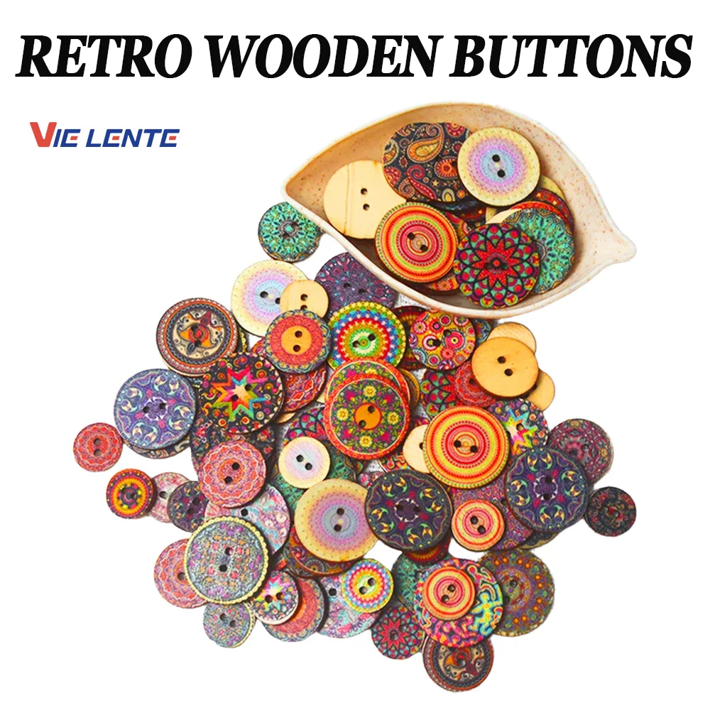 50 stücke Retro Holz Knöpfe 2 Löcher Handarbeit Nähen Sammelalbum Kleidung Bosian Stil Knopf DIY Handwerk Zubehör Dekor