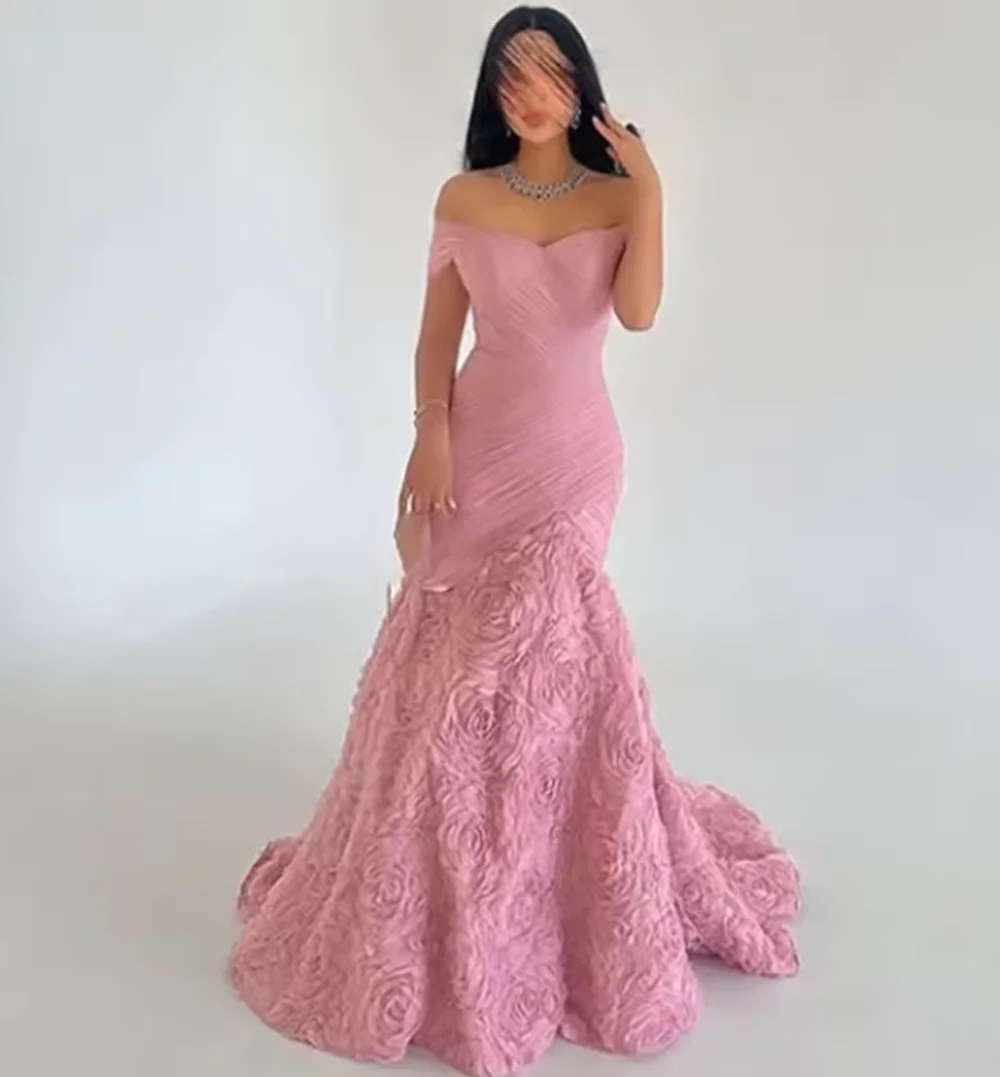 ชุดเดรสยาวแบบเปิดไหล่ งานเย็บมือ แต่งดอกไม้ทรงกลม ผ้าเจอร์ซีย์จีบ คุณภาพสูง ดีไซน์คลาสสิก หรูหรา สำหรับงานพรอม  สามารถสั่งตัดได้