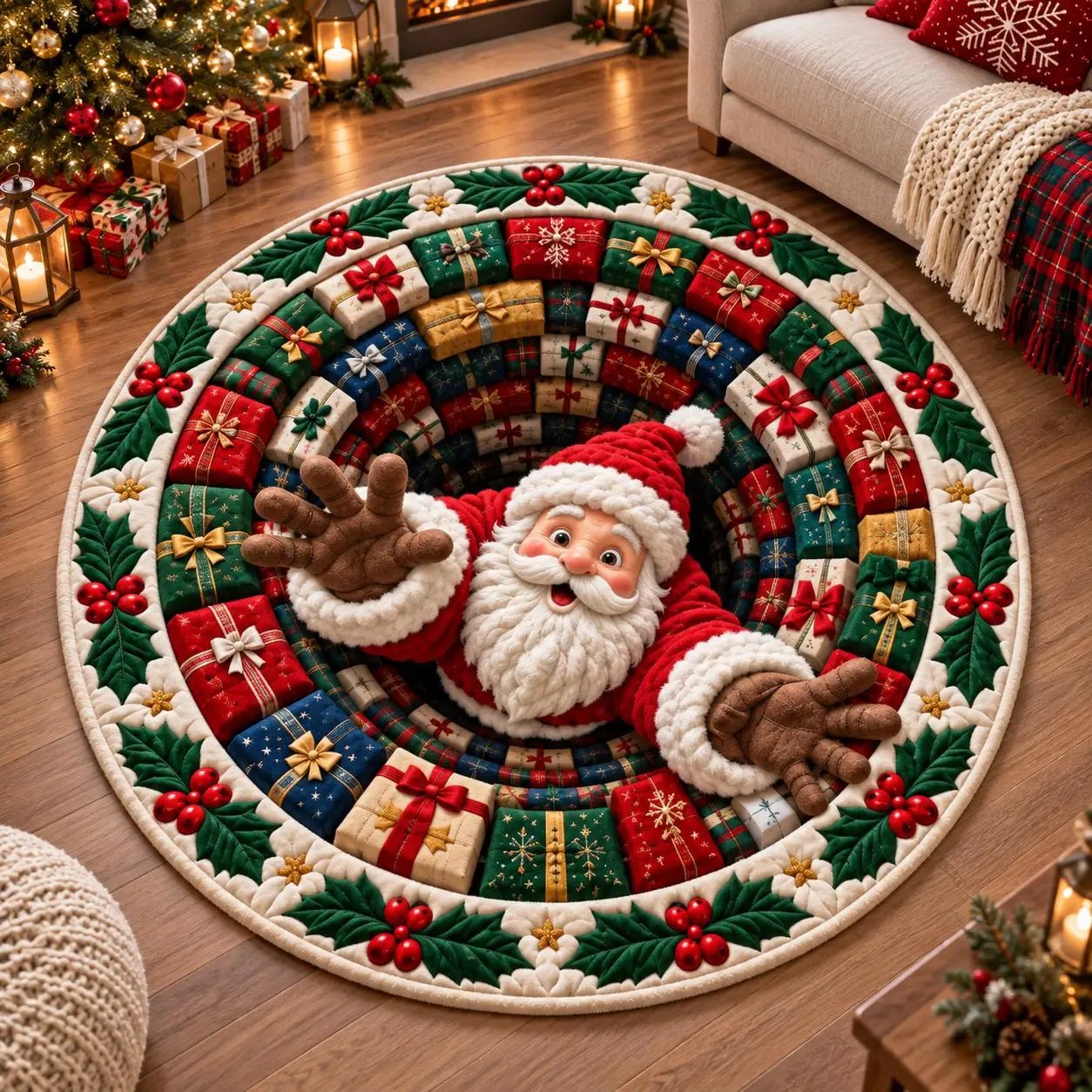 Funny Santa Claus Bedroom Area Rug Holiday Gift Box Floor Mat Festive Cozy Living Room Entryway Washable Large Circle Rug
