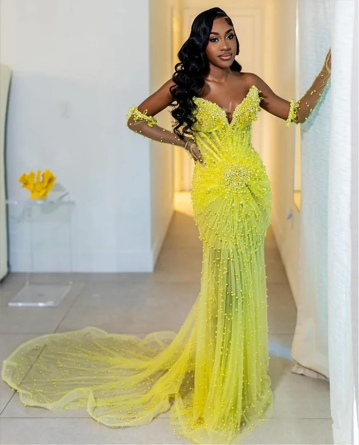 Elegant Goose Yellow Prom Dresses 2024 Sparkling Beaded Embellished Sheath Long Gowns Sheer Mesh Sleeve Sets Black Girls Dresses