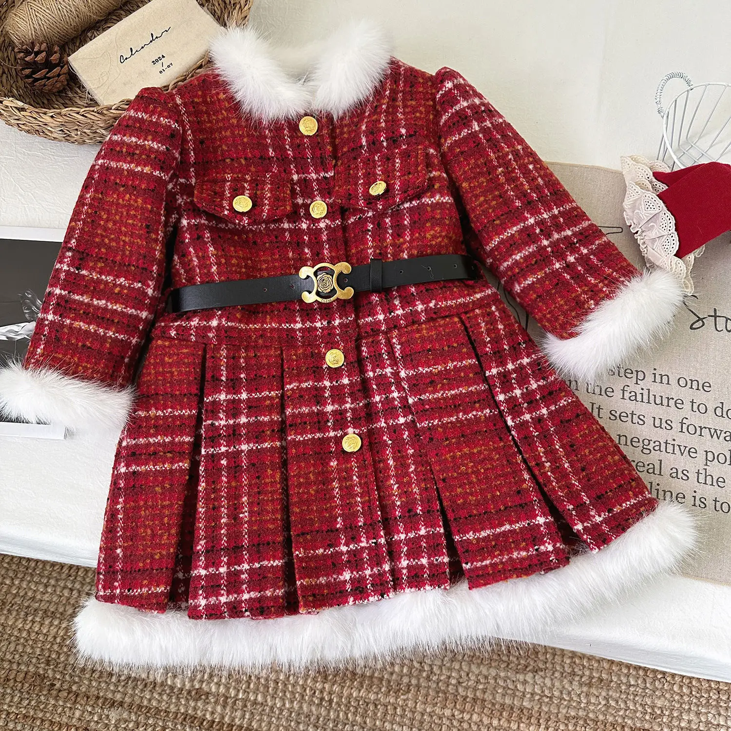 winter Thick velvet chic red baby girls grid dress Fur collar princess dresses+belt 2pcs 2-10 kid clothing child outfits clothes