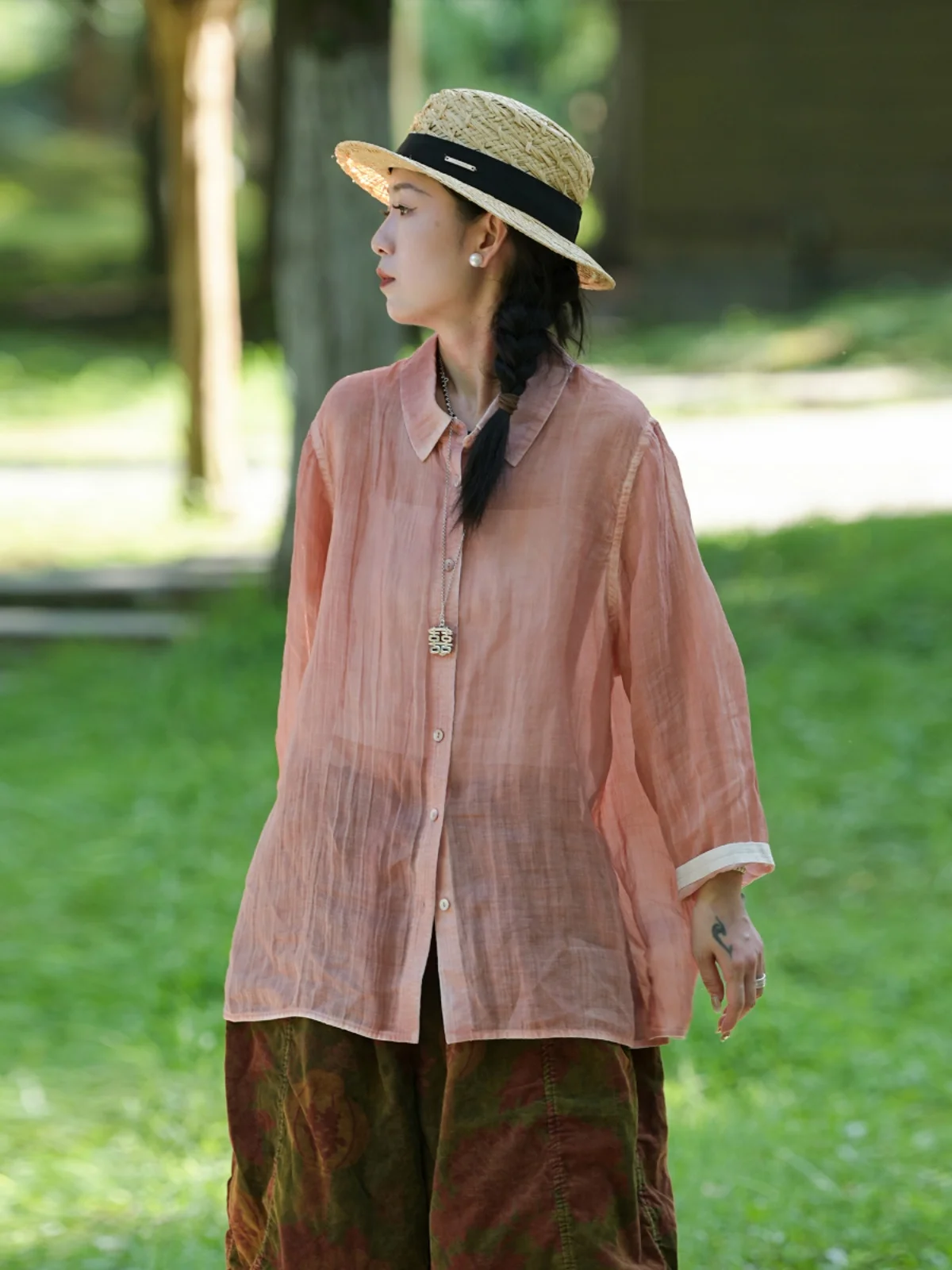 

PengPengHome 33686 Linum Usitatissimum Plant Spray Dyeing irt Tea Original Design Straight Cut Seven Sve Length Collar