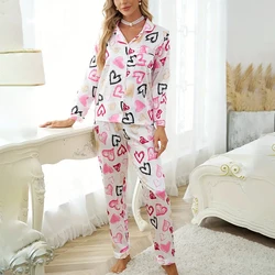 Women's Pajamas Heart Printed Sleepwear Summer Satin Long Sleeve Pajama Pants 2 Piece Pyjama Femme Loungewear Home Clothes Suit