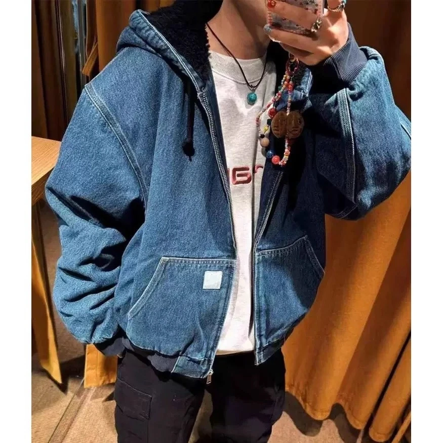 

Waed Denim Workwear Jaet Hooded Fce Lined Cotton Coat Carha Sle J40 Active Outerwear for Youth Casual Warmth