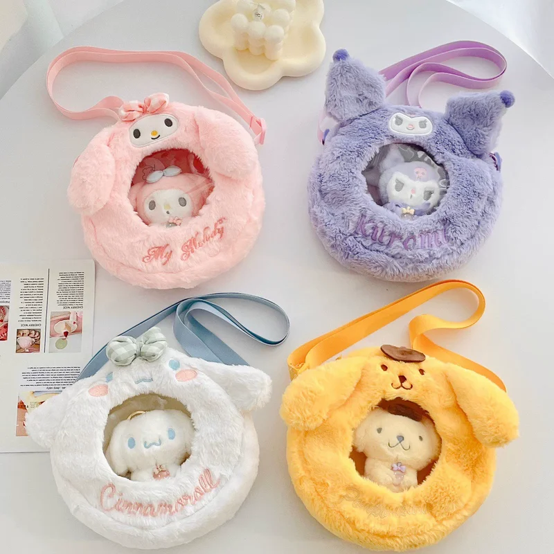 New Sanrio plush cartoon transparent cute Hello Kitty girl diagonal cross bag Cinnamoroll shoulder storage bag birthday gift