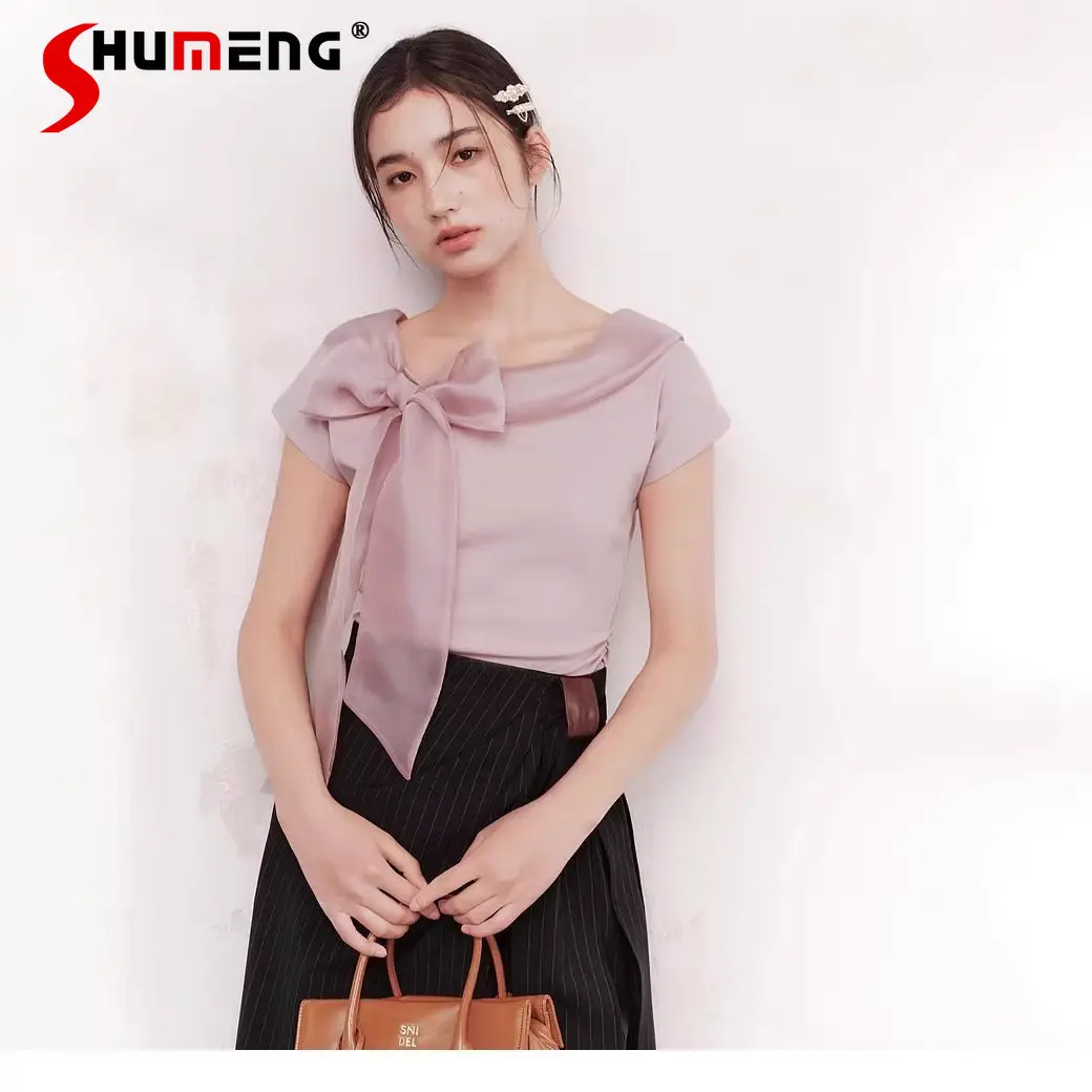 

2026 Summer Office Lady Sweet Casual Pink Short-sleeved Shirt Blouses Japanese Style Fashion Bow Lace Slim Elegant Shirt Top
