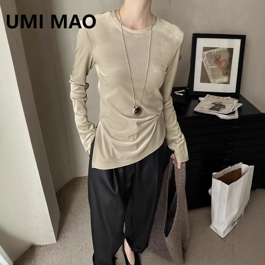 UMI MAO Women's Top Winter New Style Simple Korean Glossy Velvet Folded Split Head Long Sleeve T-shirt For Women