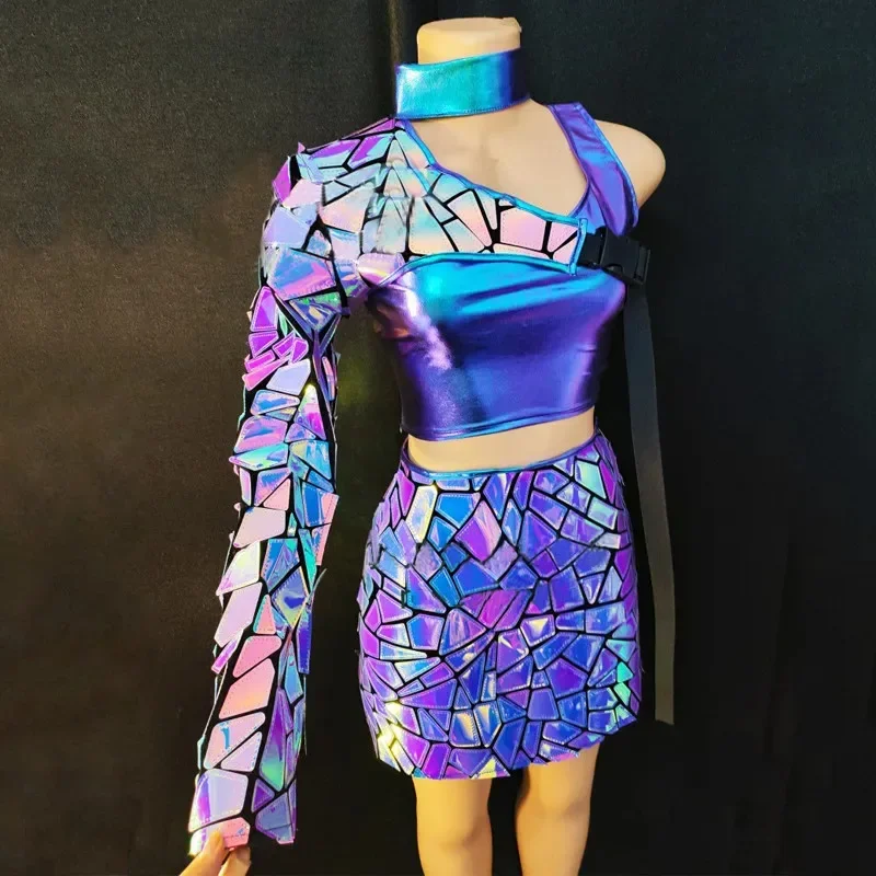 Mirror Purple Blue Laser Vest Mini Skirt Dance Costume Bar Nightclub DJ Gogo Dancer Sexy Stage Wear Club Party Festival Clothing