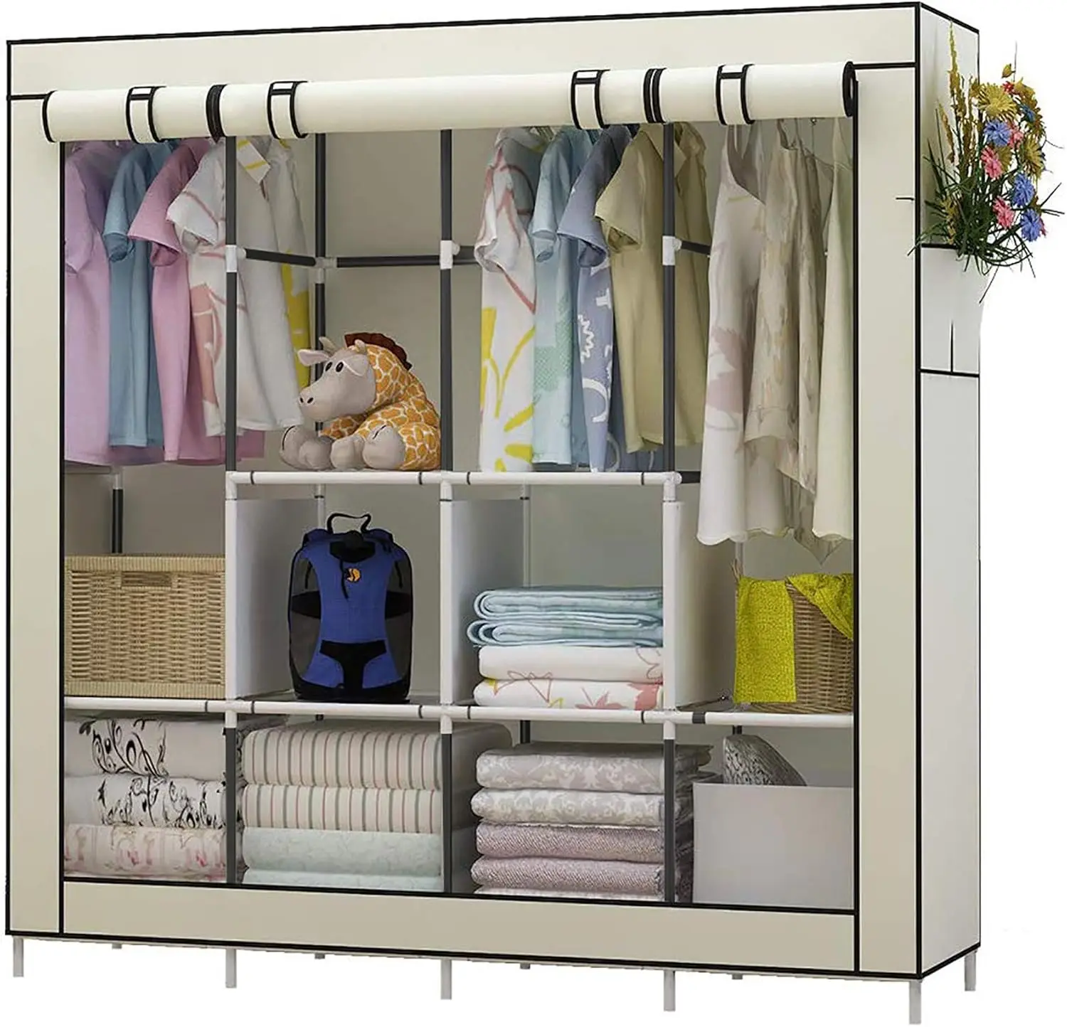 

Portable Closet Large Wardrobe Closet Clothes Organizer with 6 Storage Shelves, 4 Hanging Sections 4 Side Pockets,Beige