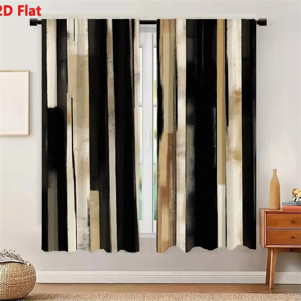 2Pcs Curtains Abstract Vertical Stripes Art Featuring Solid Black And Textured Beige Brushstrokes Window Drapes for Bedroom Room