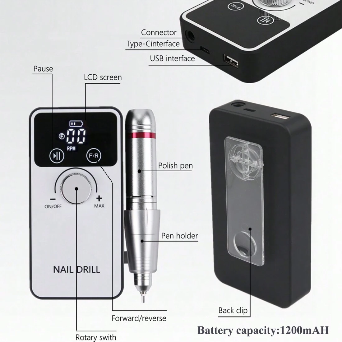 45000RPM Nail Drill Machine Set Rechargeable Portable Electric Nail File Grinding Head Kit Manicure Pedicure Tool