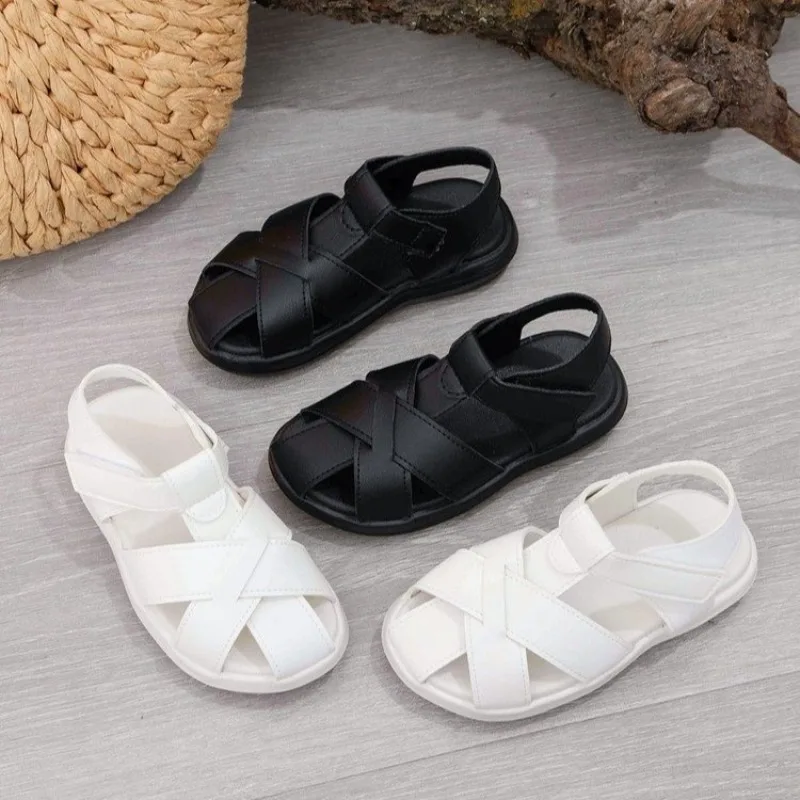 Unisex Boys Girls Leather Cage Sandals 2026 New Summer Toddler Beach Shoes Non-slip Classic Versatile School Barefoot Sandals