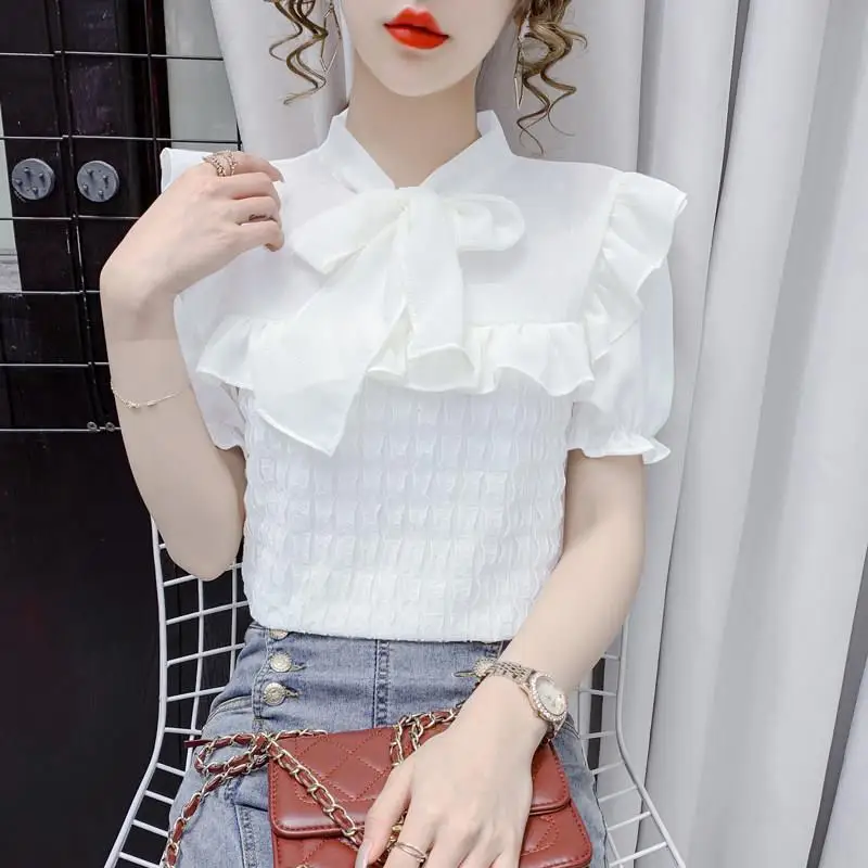 Women Clothing Summer Fashion Simplicity Solid Color Chiffon Short Sleeve Shirts Women's Casual Loose All-match Temperament Tops