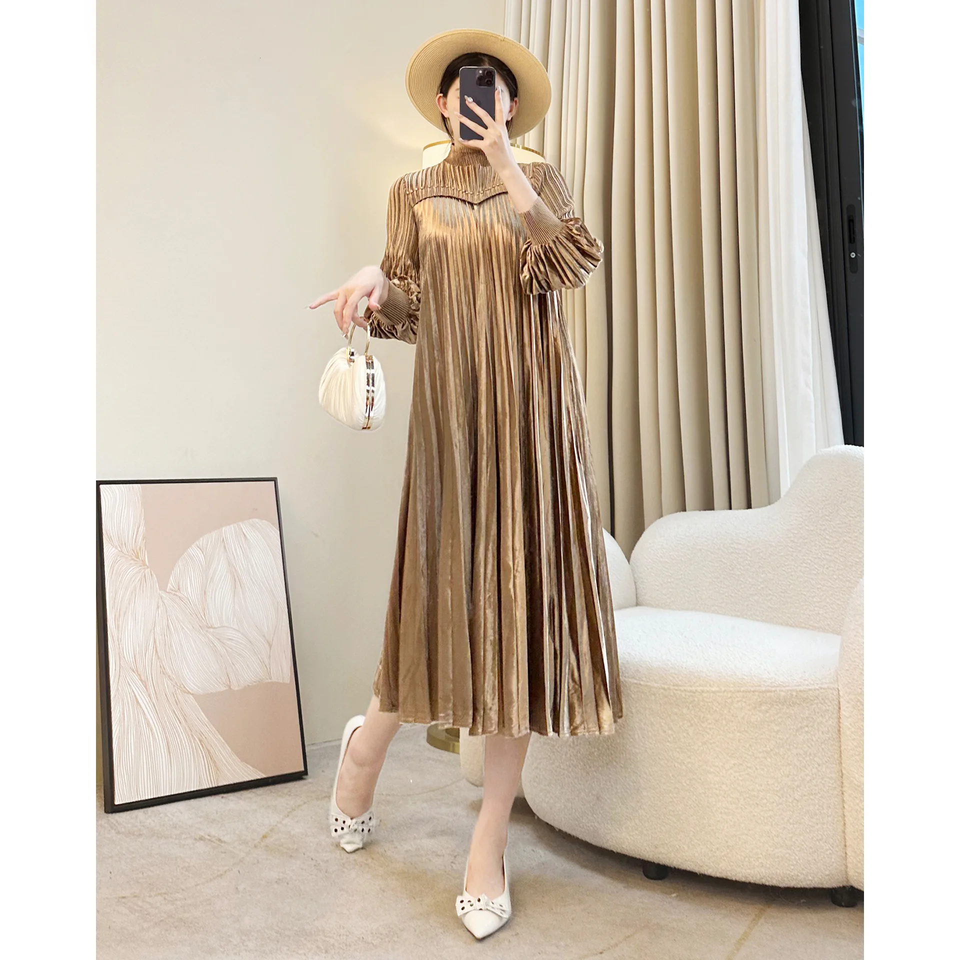 

Miyake High-end Velvet Dress Mother's Wear Long-sleeved New Pleated Long Skirt Fat Mm Plus Size Women's Wedding Banquet Dress