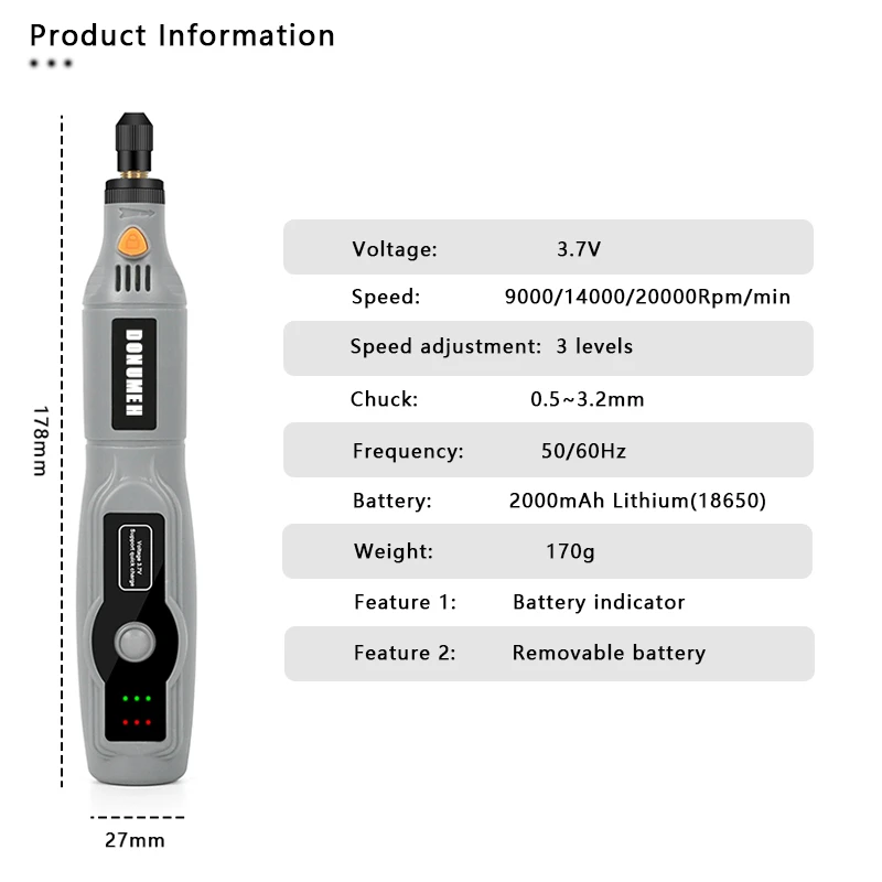 DONUMEH Cordless Drill Mini Grinder Rechargeable Removable Battery Engraving Variable 3 speed adjust Rotary Tool Dremel Engraver