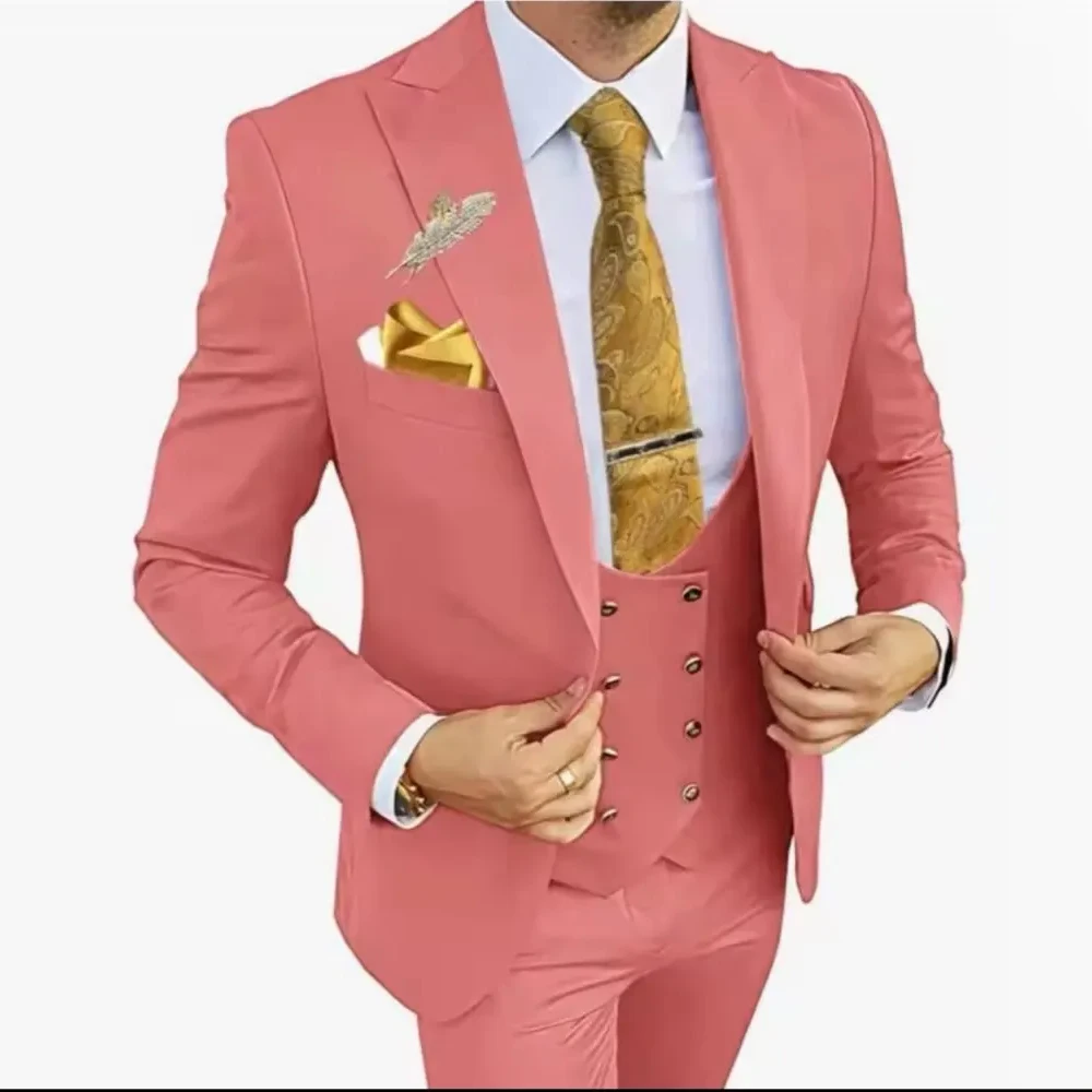 

KSDN Customized Men's Suits High Quality Single Breasted Peak Lapel Slim Fit 3 Piece Jacket Pants Vest Male Clothing for Wedding