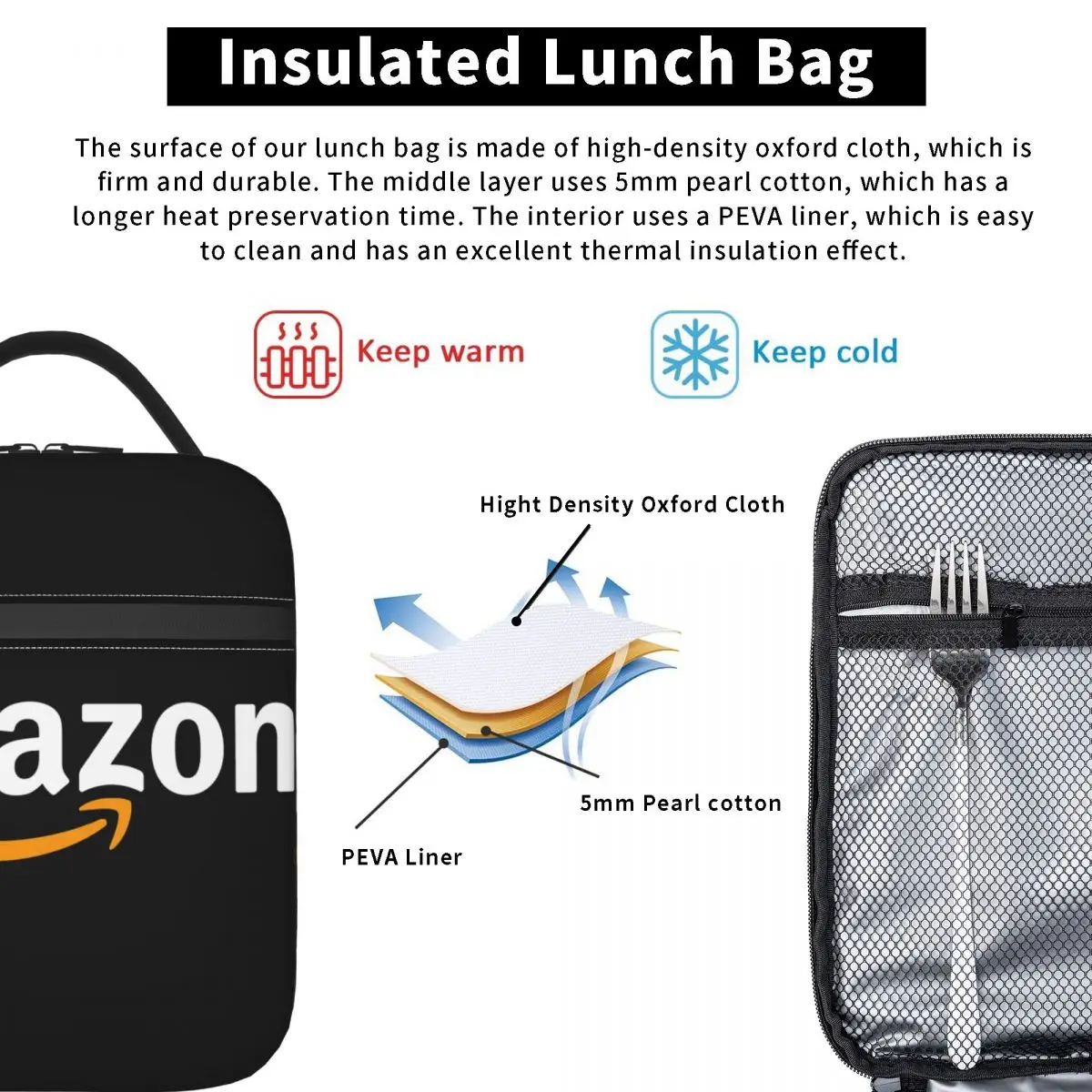 Bolsa de almuerzo aislada con logotipo de Amazon, bolso de mano para comida