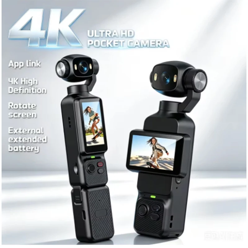 New 4K Handheld Action Camera HD 180° Rotatable Lens Electronic Anti-shake Pocket Vlog Camera with Fill Light for Outdoor Sports