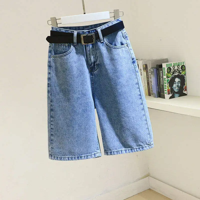 Light Blue High Waist Loose Riding Jeans Women's Summer New Korean Style Five-Point Pants Straight Leg Slimming Mid-Length