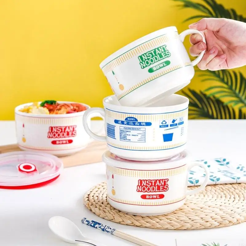   Oversized Ceramic Noodles Bowl With Removable Cover 1100ml Capacity Heat Resistant Handle Time Marking Dials For Home Dining