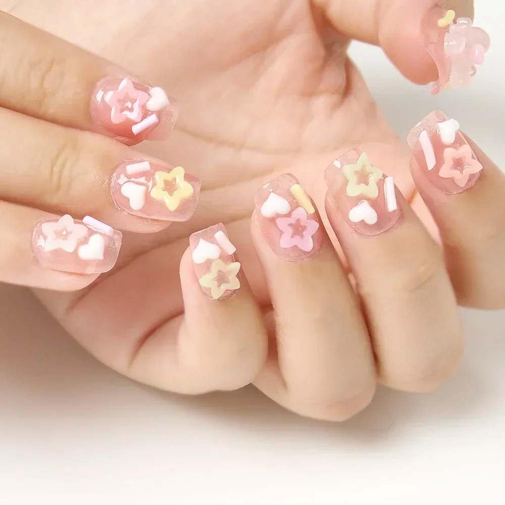 10Pcs Pink Cute Bear Design Press on Nails Short Square Handmade Fake Nails with Glue Reusable Full Cover False Nails Tips