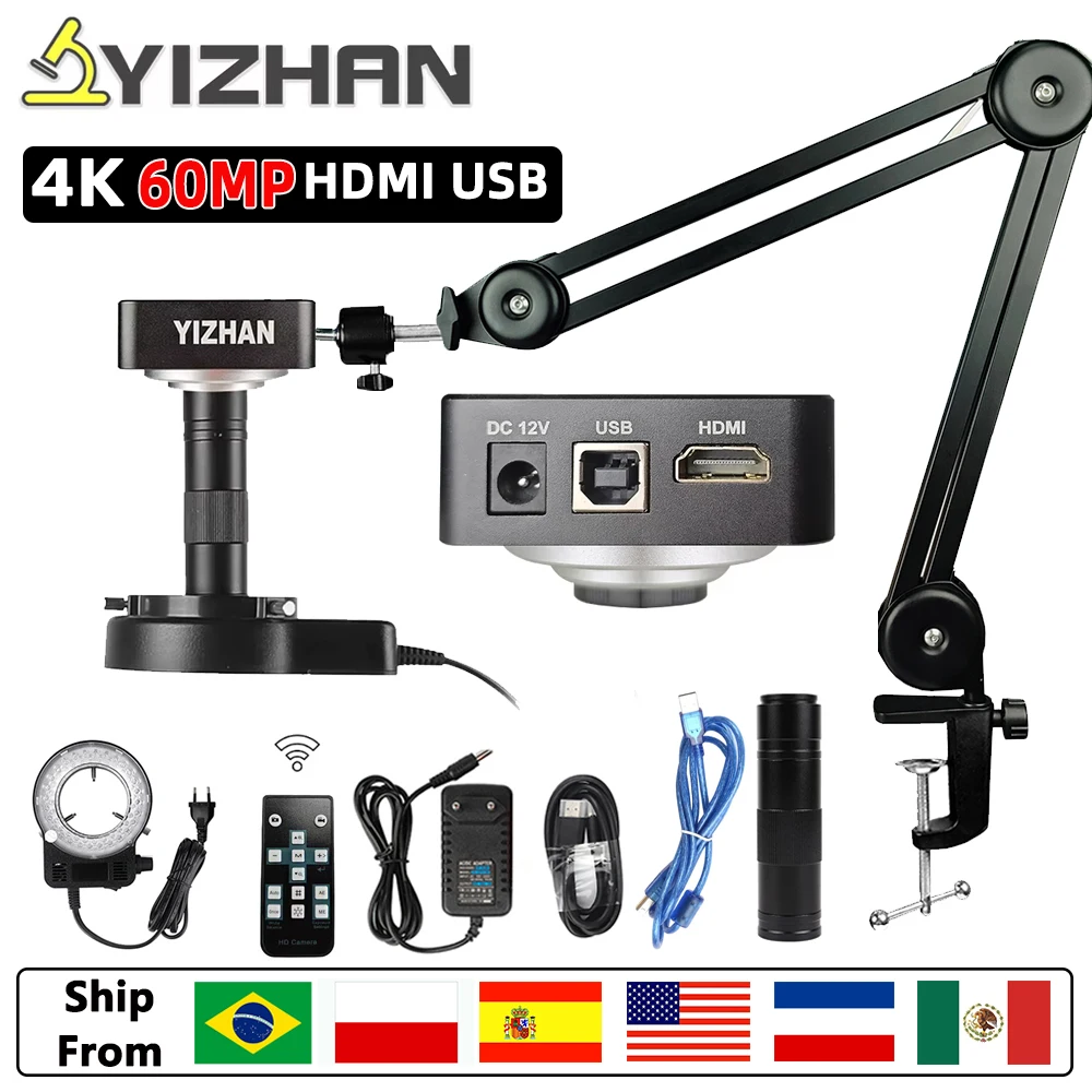 

4K 60MP HDMI Microscope Camera For Mobile Phone 150X Zoom Lens Digital Soldering Microscope LED Light HDMI USB Industrial Camera
